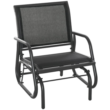 Outdoor Garden Glider Chair, Metal Frame Single Armchair Swing Seater w/ Breath Mesh Fabric Seat, Curved Backrest, Armrests, for Living Room, Patio, Porch, Dark Grey