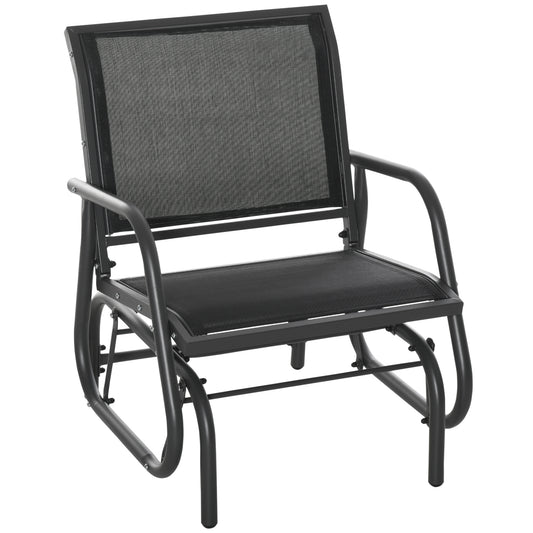 Outdoor Garden Glider Chair, Metal Frame Single Armchair Swing Seater w/ Breath Mesh Fabric Seat, Curved Backrest, Armrests, for Living Room, Patio, Porch, Dark Grey