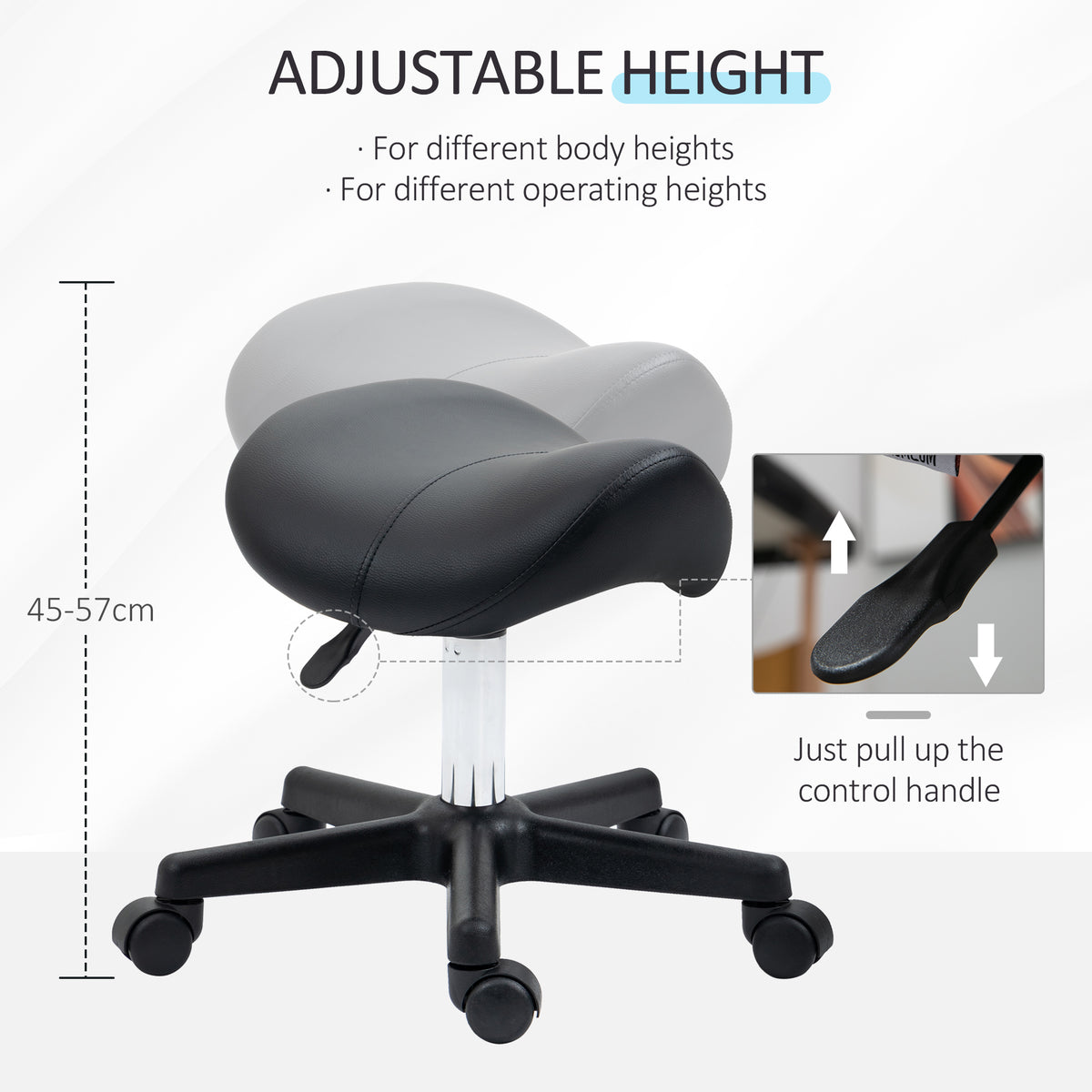 Saddle Stool, PU Leather Adjustable Rolling Salon Chair with Steel Frame for Massage, Spa, Beauty and Tattoo