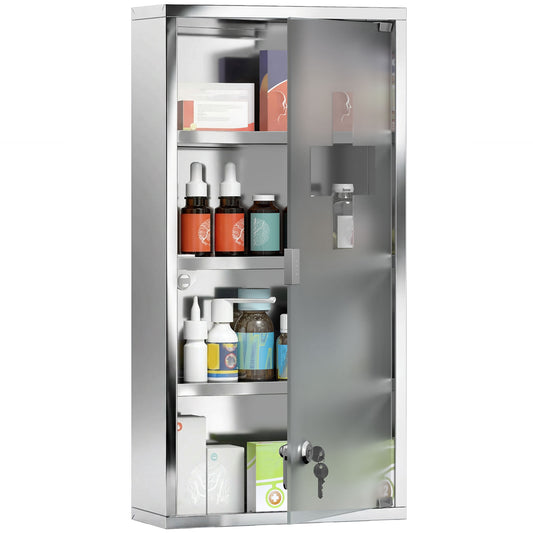 4 Tier Stainless Steel Wall Mounted Medicine Cabinet Glass Lockable Door Storage Shelves Houseware Bathroom Furniture 60Hx30Wx12D(cm) w/2 Keys