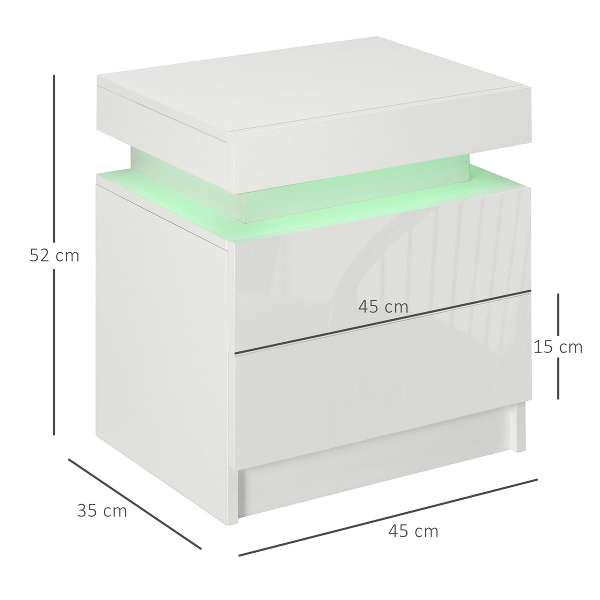 White Bedside Table with LED Light, High Gloss Front Nightstand with 2 Drawers, for Living Room, Bedroom