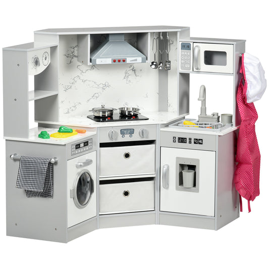 Toy Kitchen with Running Water, Lights, Sounds, Apron and Chef Hat, Water Dispenser, for Ages 3-6 Years, Grey