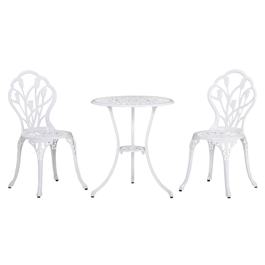 3 Piece Patio Bistro Set for 2, Outdoor Aluminium Garden Table and Chairs with Umbrella Hole for Balcony, White