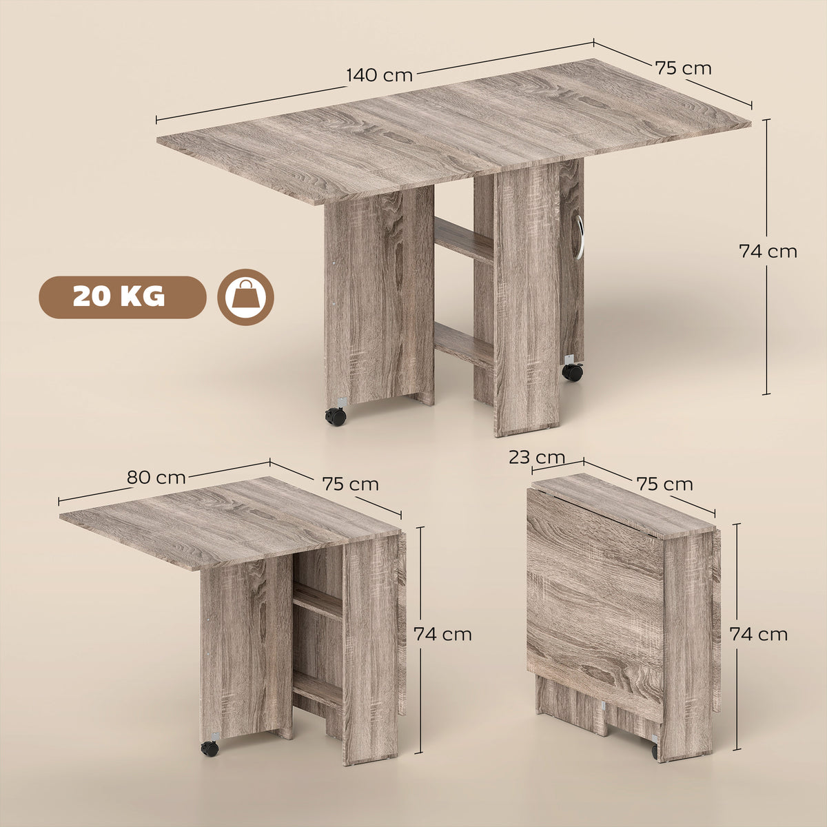 80-140 cm Folding Dining Table for 4-6 People, Drop Leaf Table with 2-Tier Shelves, Rolling Casters, for Small Spaces, Kitchen, Flat, Dining Room, Grey