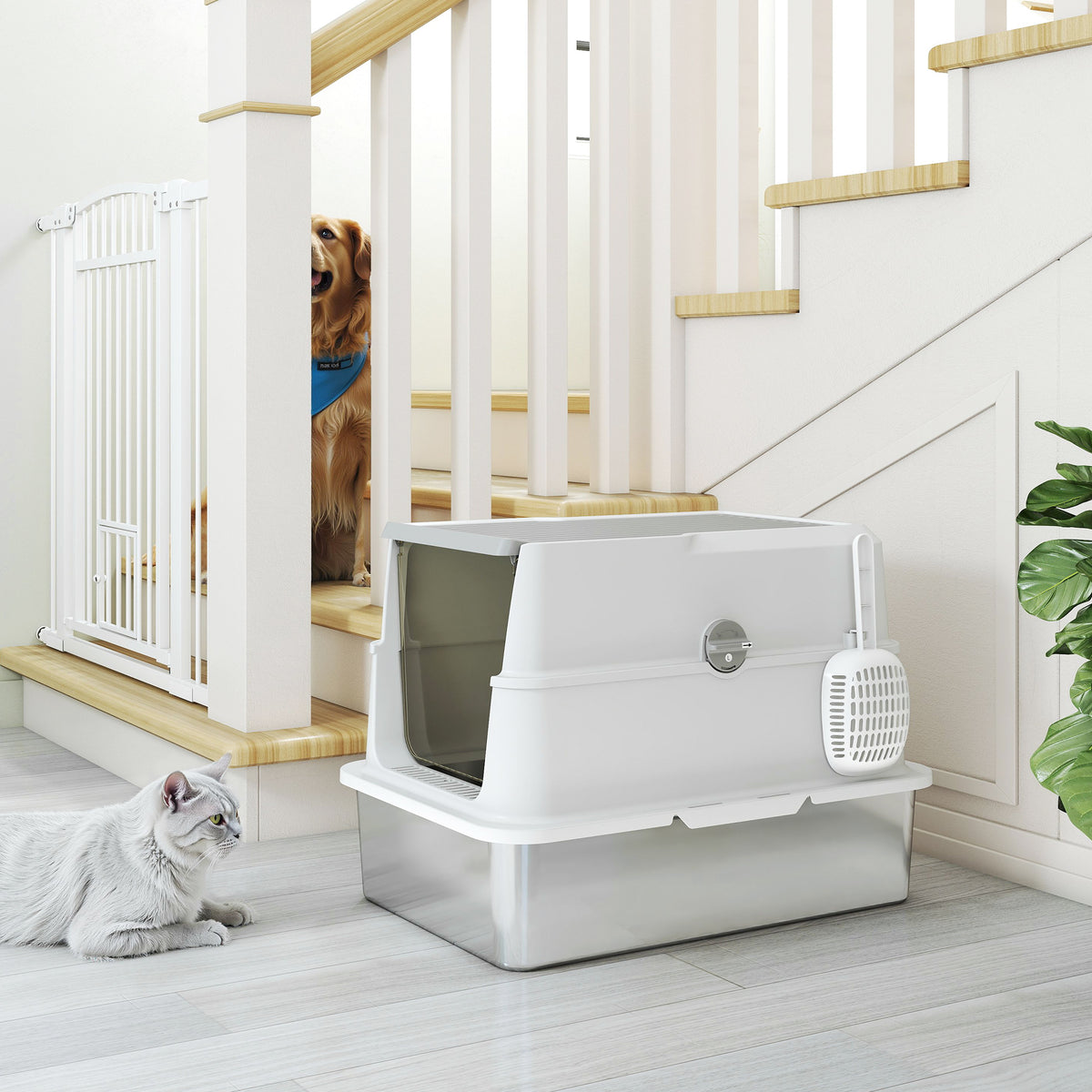 Extra Large Stainless Steel, Cat Litter Tray with Scoop, Flip Top