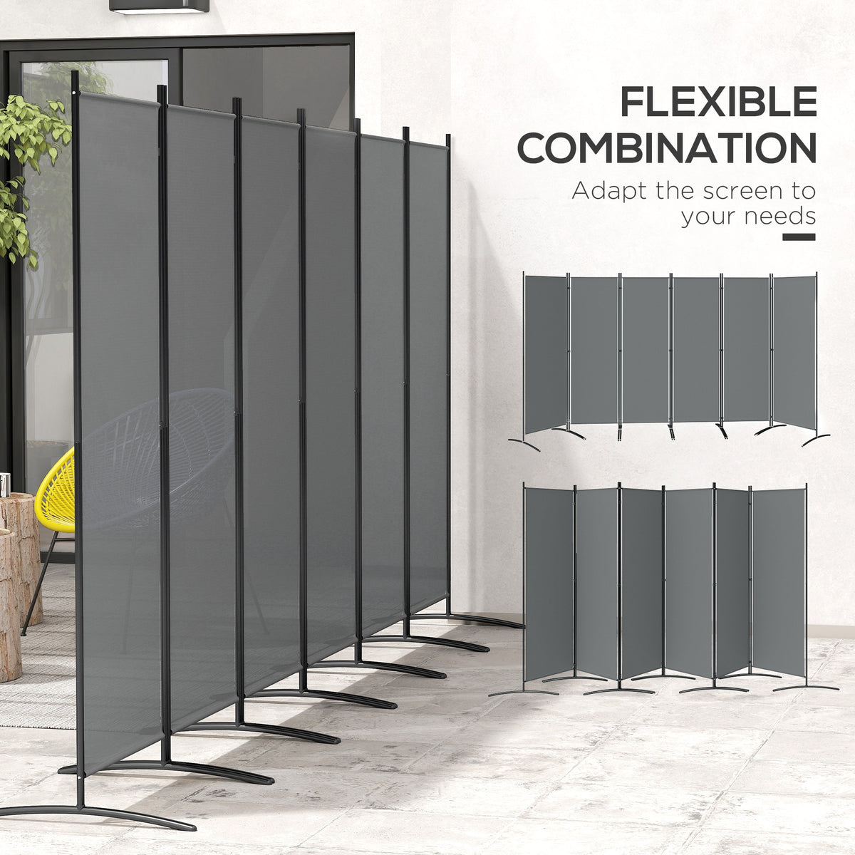 6 Panel Folding Room Divider, 1.7m Privacy Screen with Wide Feet, Portable Freestanding Metal Partition Separator for Office, Living Room, Bedroom, Dining Room, Dark Grey