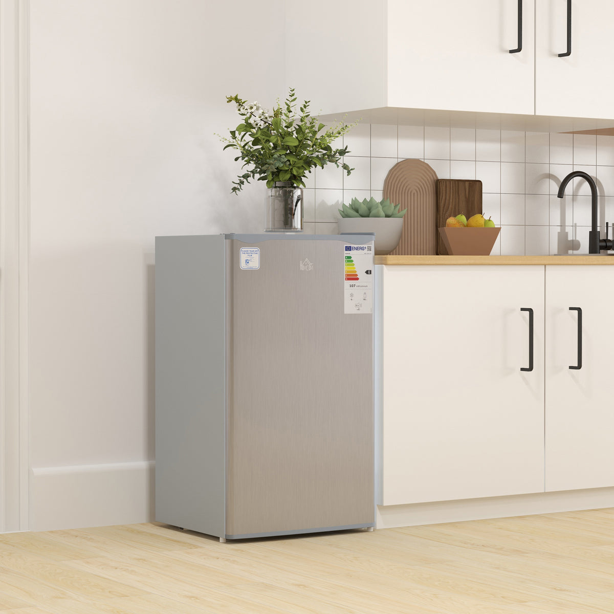 91 Litre Freestanding Under Counter Fridge Freezer, Small Fridge with Chiller Box, Adjustable Thermostat, 47.5cm Wide, Grey