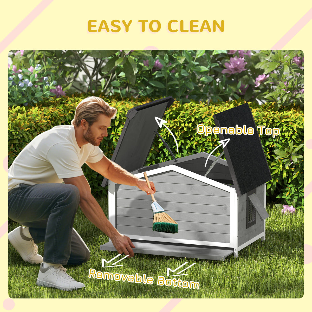 Wooden Dog Kennel for Outside, for Medium Dogs, 65H x 97L x 72Wcm, Grey