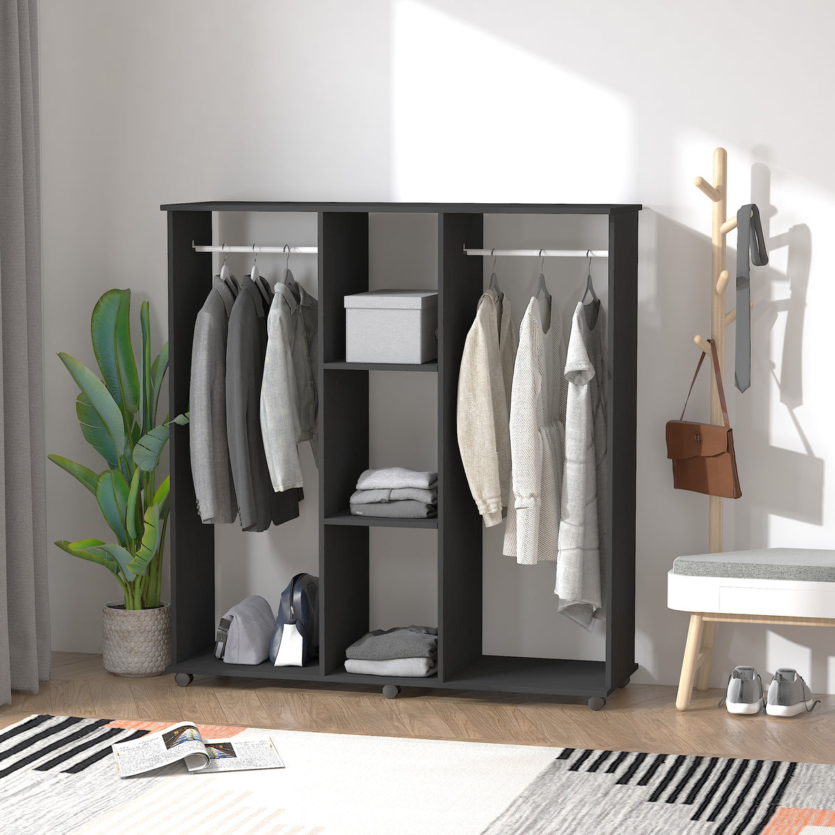 Open Wardrobe Double Mobile Storage Shelves Organizer W/6 Wheels-Black
