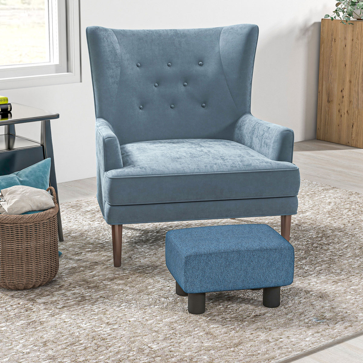 Linen Fabric Footstool Ottoman Cube with 4 Plastic Legs, Blue