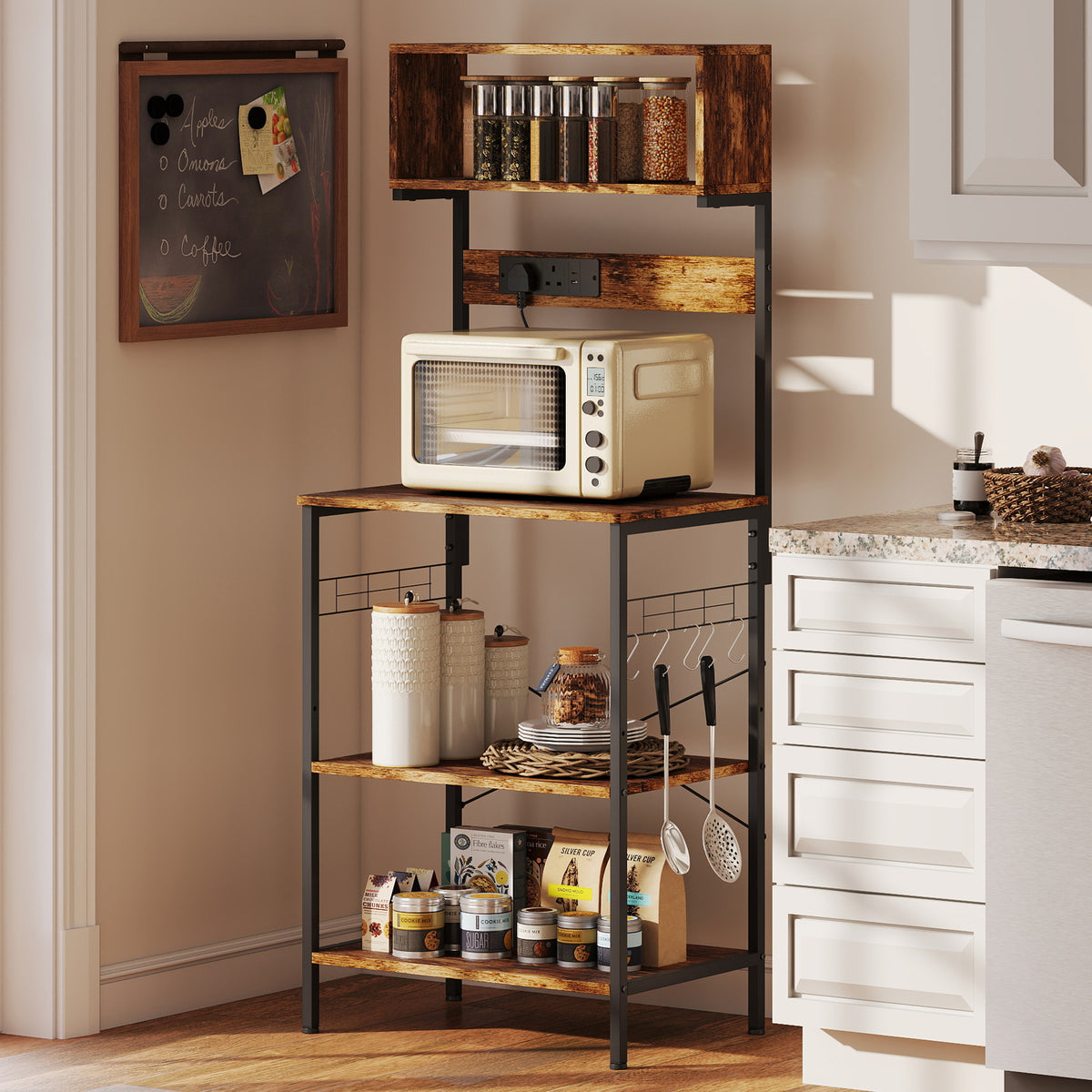 Kitchen Storage Rack, Bakers Rack with Power Outlet, USB Charger, Rustic Brown
