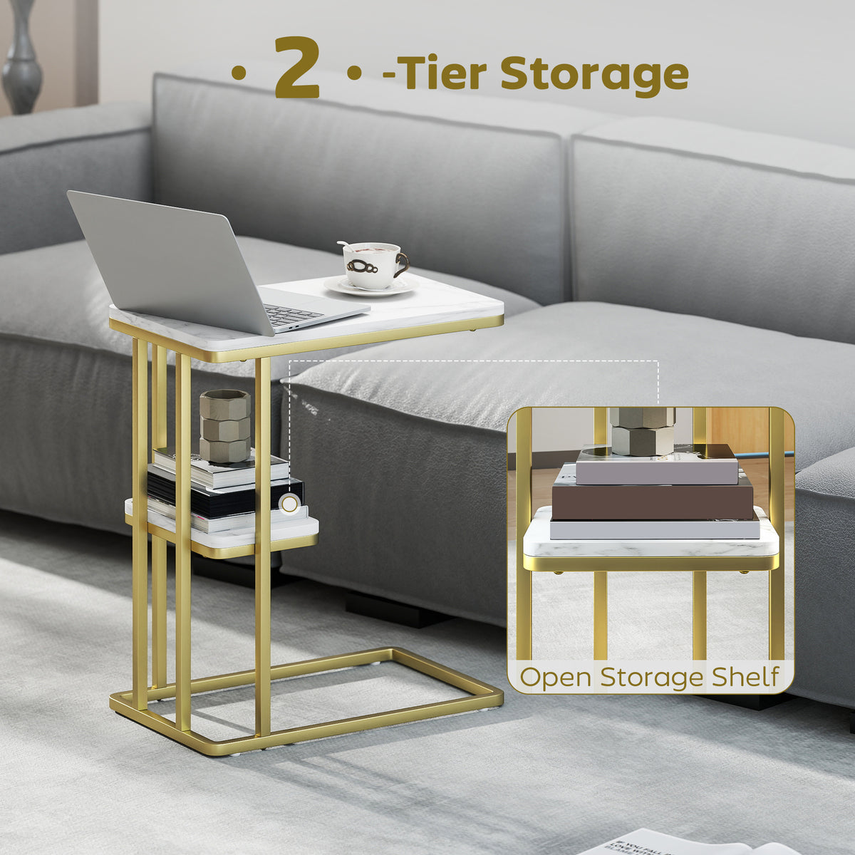 C-Shaped Narrow Side Table, 2-Tier Slim End Table, Nightstand for Small Spaces, Living Room, Bedroom, White Marble Grain