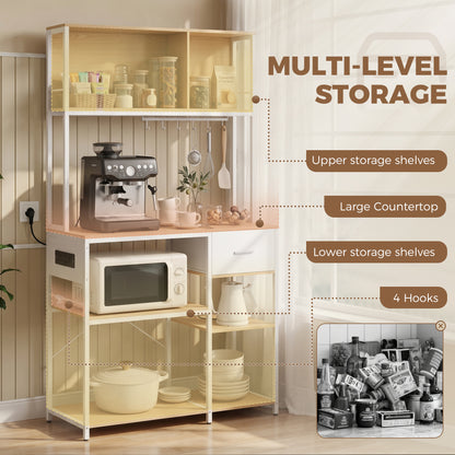 Kitchen Storage Rack with Power Outlet, USB and Type-C Ports, Drawer, Shelves and 4 Hooks, Oak and White