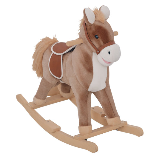 Kids Children Plush Rocking Horse Wooden Base Ride On Toy Rocker with Handle Grip Traditional Toy Fun Gift for Age 3+ (Brown & White)