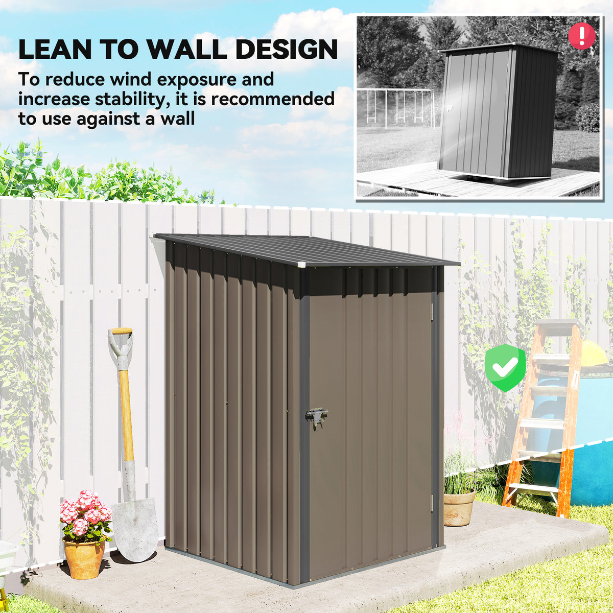 3.3 x 3.4ft Lean To Steel Garden Shed, with Locking Door - Brown