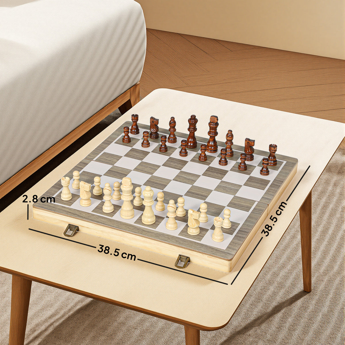 15 Inch Chess Set, Foldable Chess and Draughts Set, Brown