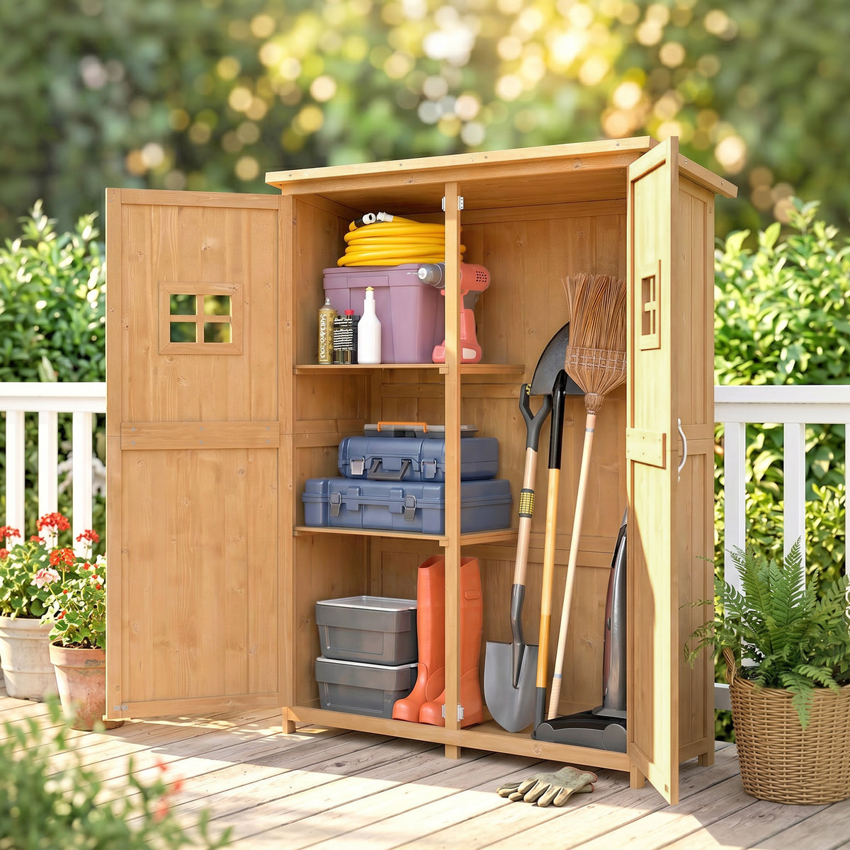 Wooden Garden Shed with Two Windows, Tool Storage Cabinet, Outdoor Double Door Organizer 127.5W x 50D x 164H cm, Natural