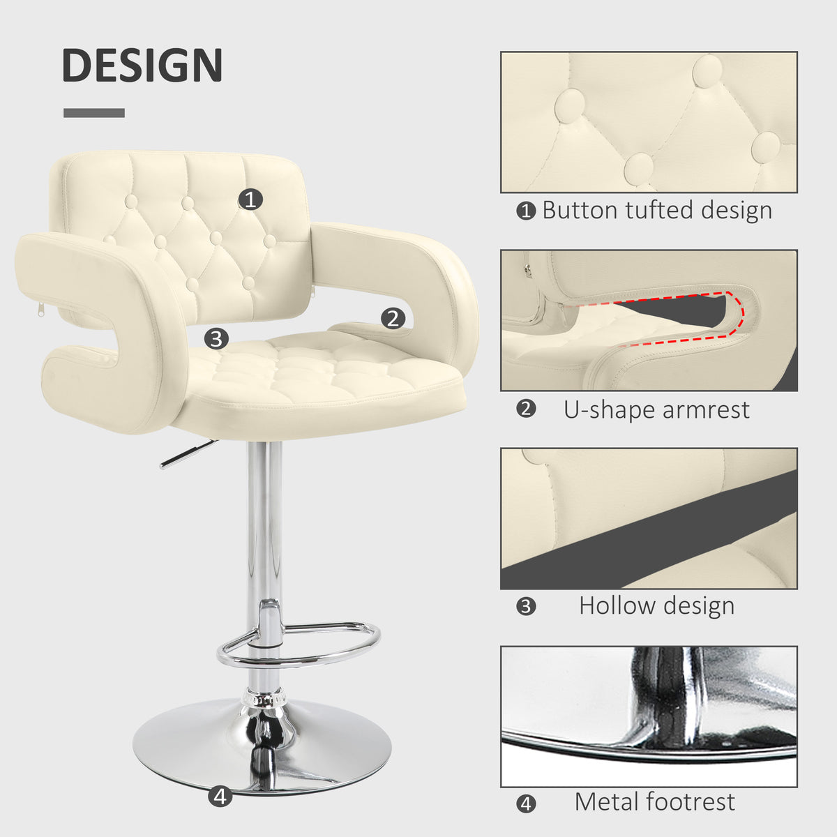 PU Leather Upholstered Swivel Bar Stool, Height Adjustable with Back, Armrest, Footrest, Beige