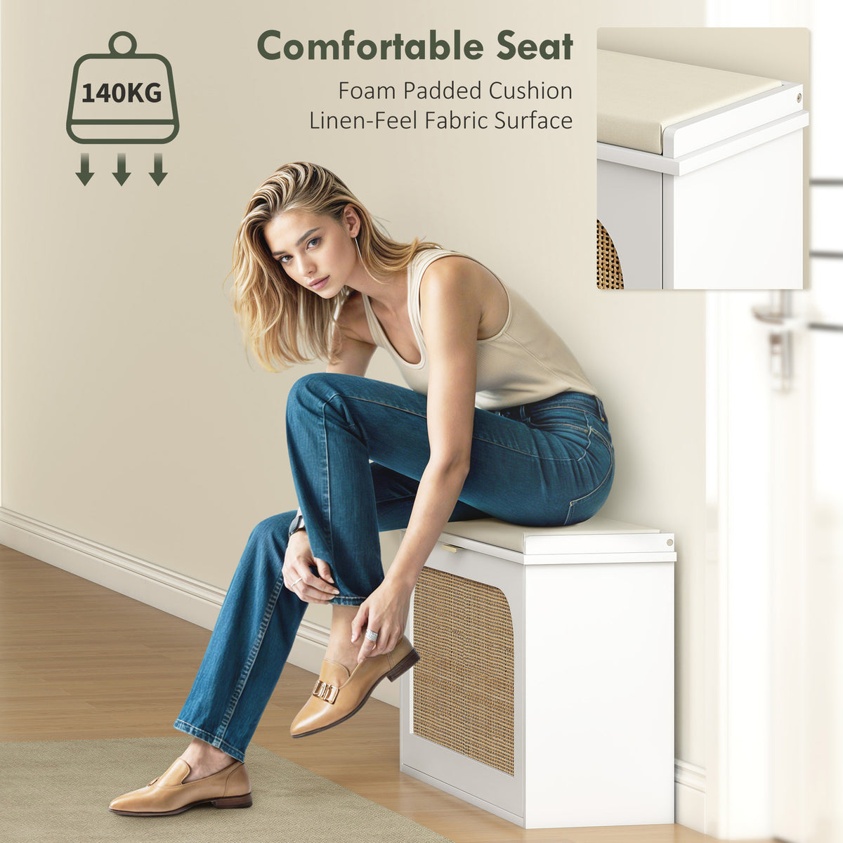 Boho Shoe Bench with Padded Seat and Flip-Drawer - White
