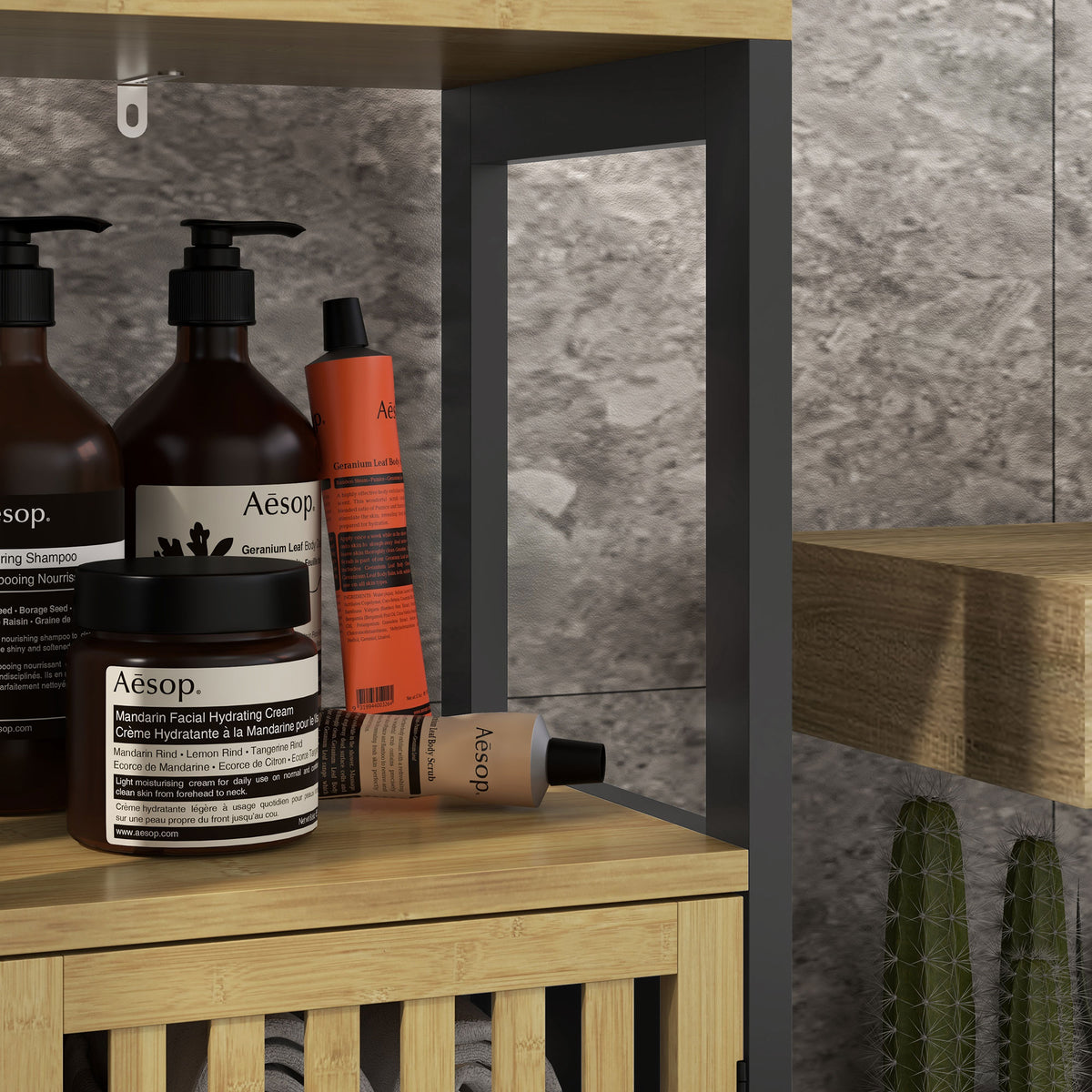 Bamboo-Blend Retro Cut-Out Bathroom Storage Unit