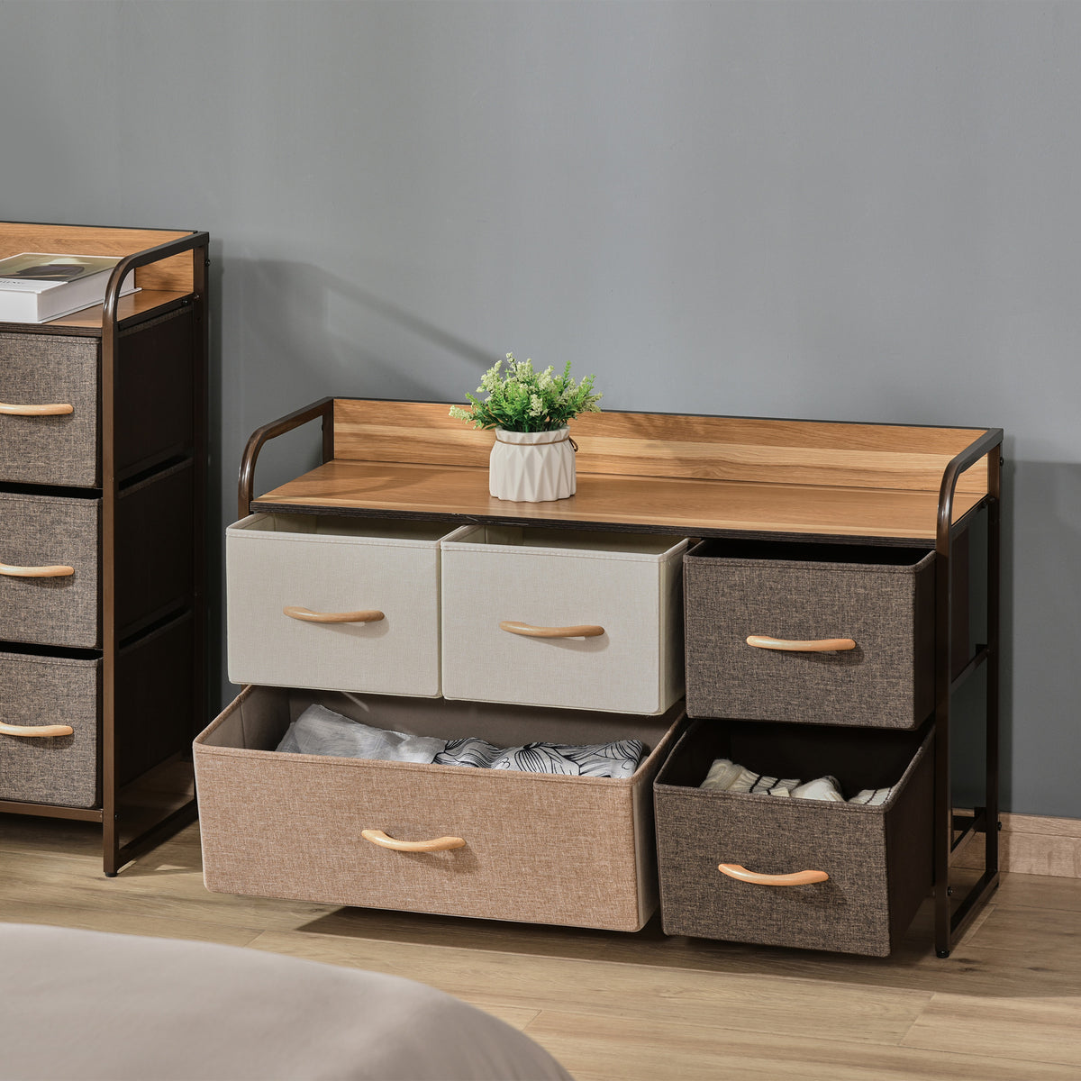 5-Drawer Dresser, 2-Tier Storage Organizer, Tower Unit for Bedroom Hallway Closets with Steel Frame Wooden Top