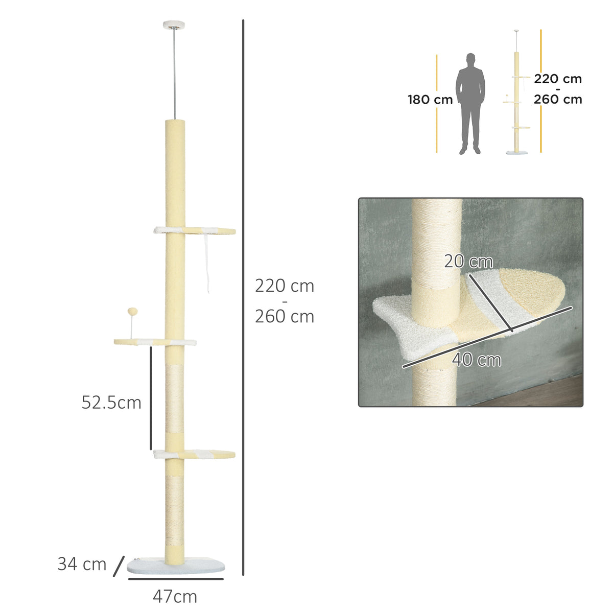260cm Adjustable Floor-To-Ceiling Cat Tree w/ Anti-Tipping Kit, Toy Ball