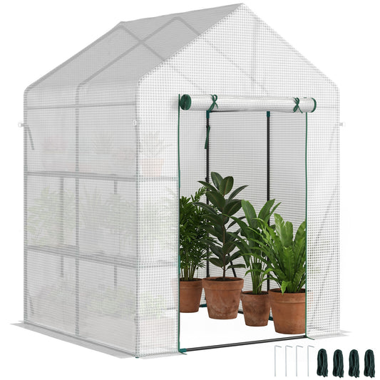 Walk In Greenhouse with 2 Tier Shelf, Portable Gardening Plant Grow House Tomato Greenhouse with Roll up Zip Panel Door, Reinforced PE Cover, 143 x 143 x 195cm, Green