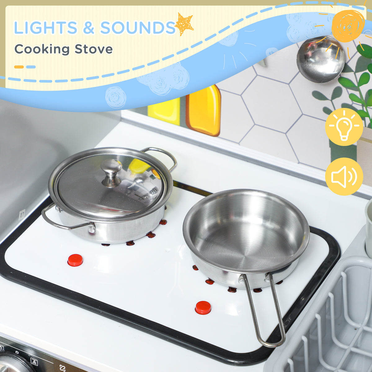 Pretend Play Toy Kitchen, Kids Kitchen Playset w/ Sounds, Lights, Running Water, Coffee Maker, Refrigerator
