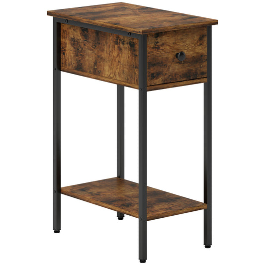 Narrow Side Table with Drawer and Storage Shelf - Rustic Brown