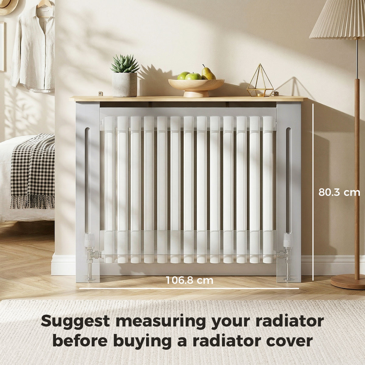 Slatted Radiator Cover, Painted Cabinet with Line Grill Design, 112W × 19D × 81H cm, Grey