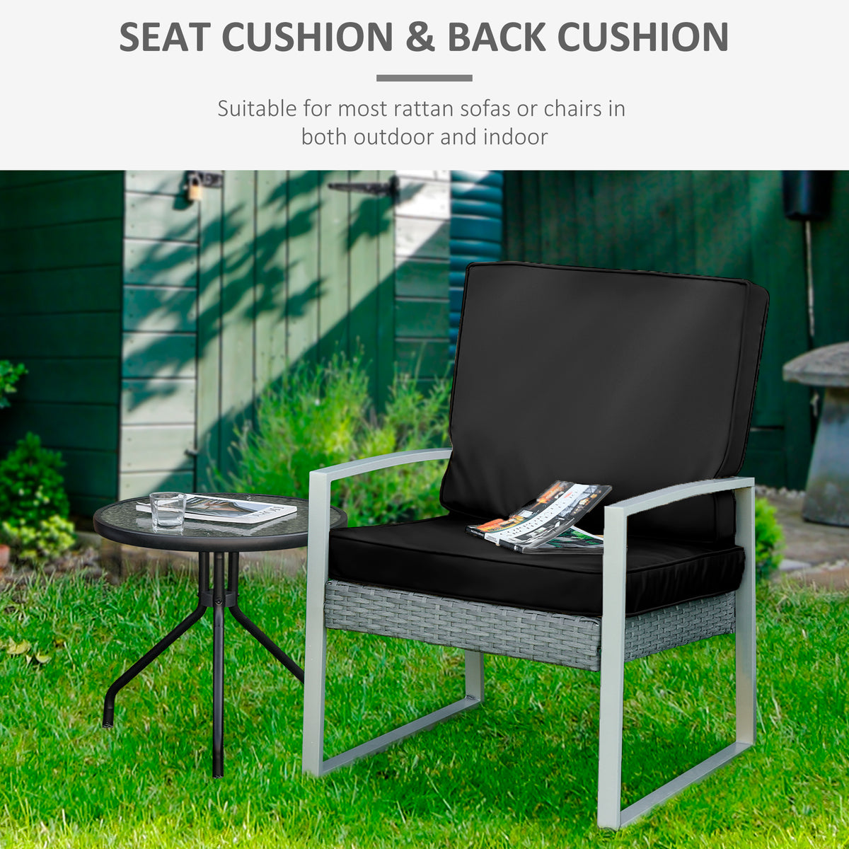 2 Piece Garden Chair Cushions with 1 Seat Cushion 1 Back Pad for Rattan Sofa Chair, Outdoor Seat Pads for Indoor and Outdoor Use, Black