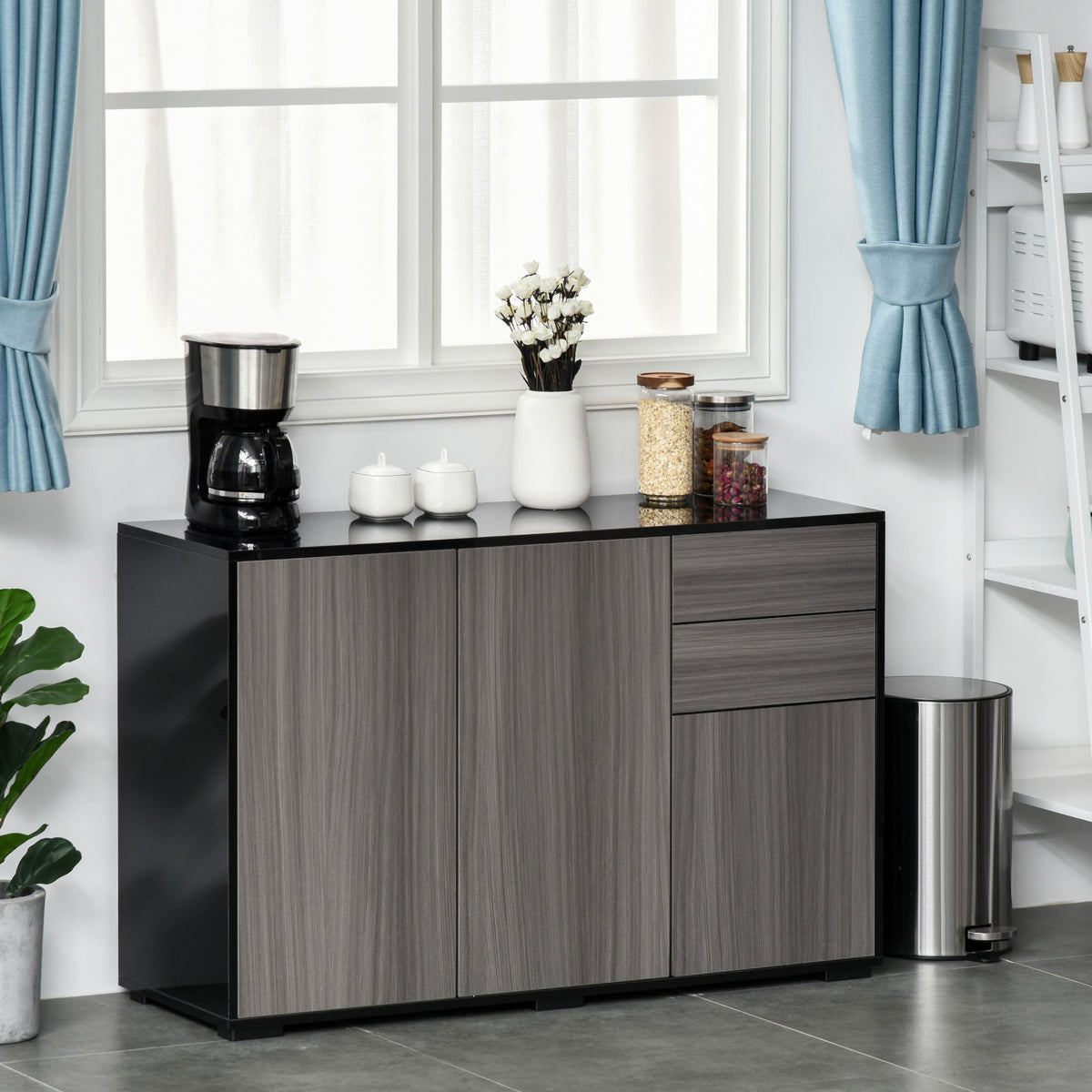 High Gloss Side Cabinet, Push-Open Design with 2 Drawers and 2 Cabinets for Living Room, 74H x 117W x 36Dcm