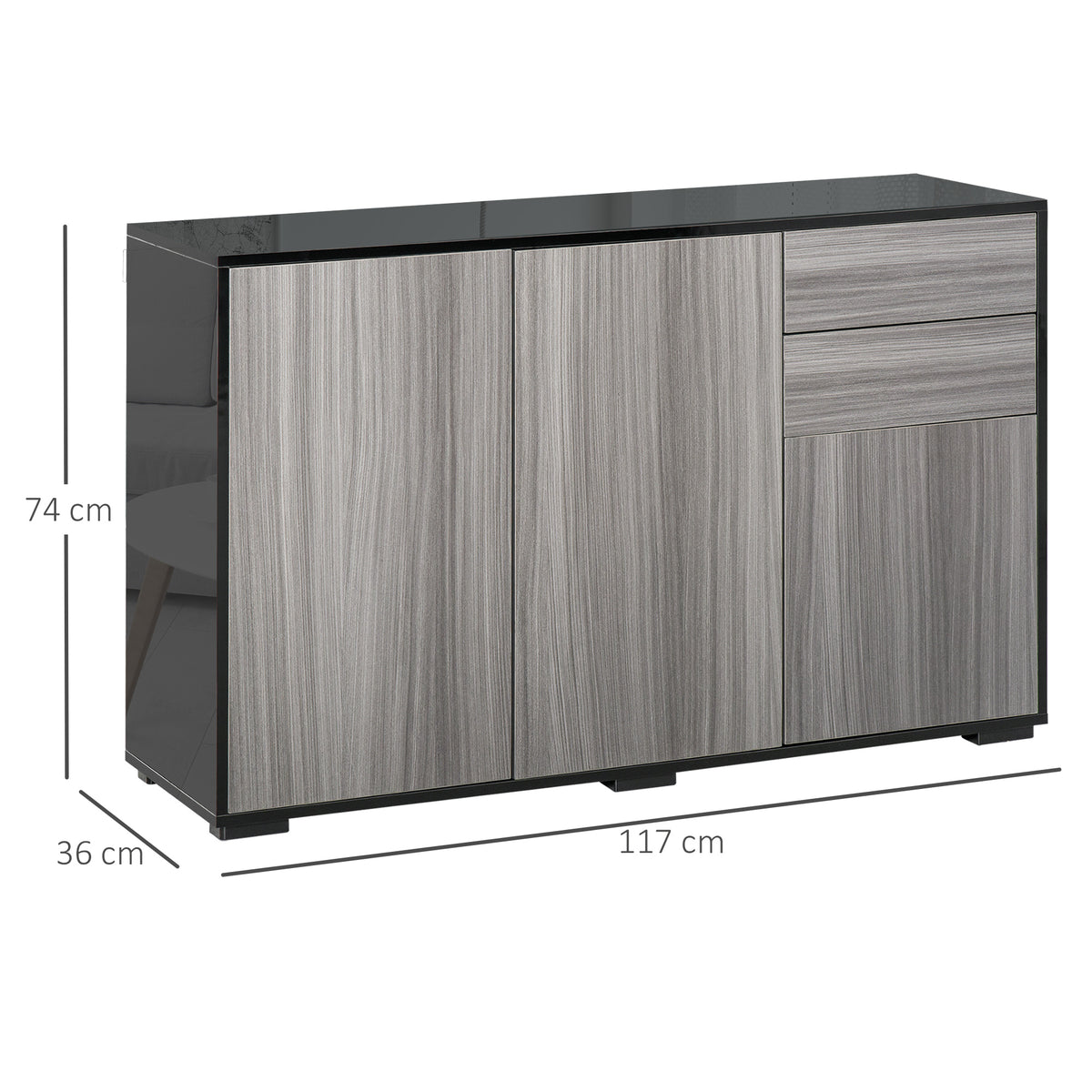 High Gloss Side Cabinet, Push-Open Design with 2 Drawers and 2 Cabinets for Living Room, 74H x 117W x 36Dcm