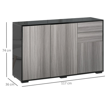 High Gloss Side Cabinet, Push-Open Design with 2 Drawers and 2 Cabinets for Living Room, 74H x 117W x 36Dcm