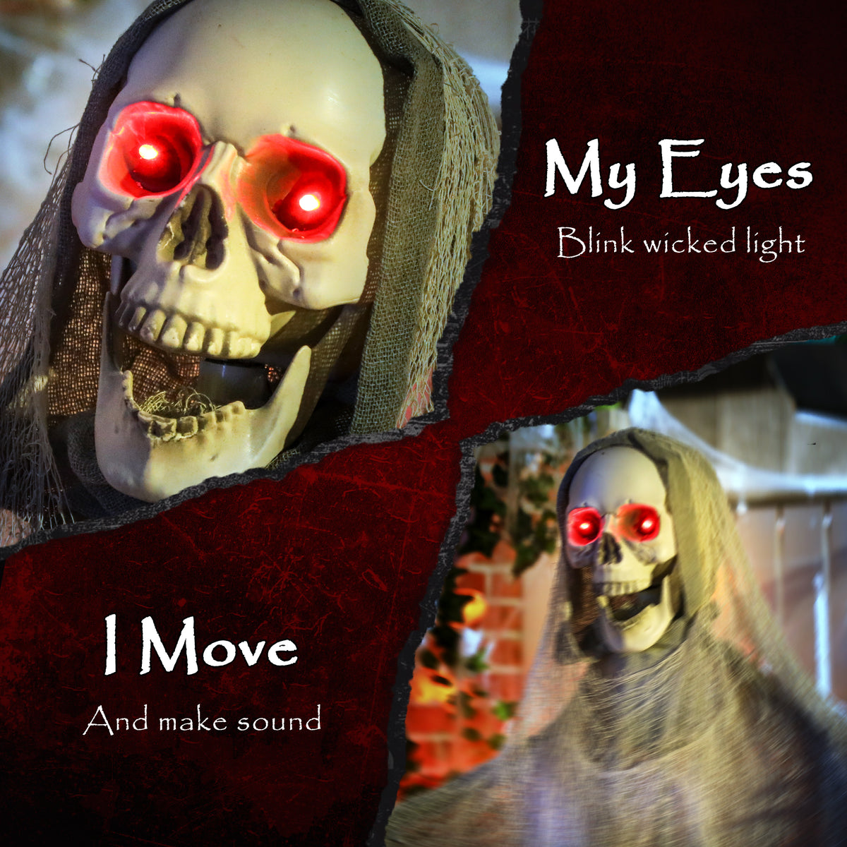 183 cm Life Size Halloween Animated Skeleton Grim Reaper with Glowing LED Eyes, Scary Halloween Decorations, Battery Operated, Indoor Party Props