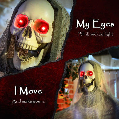 183 cm Life Size Halloween Animated Skeleton Grim Reaper with Glowing LED Eyes, Scary Halloween Decorations, Battery Operated, Indoor Party Props
