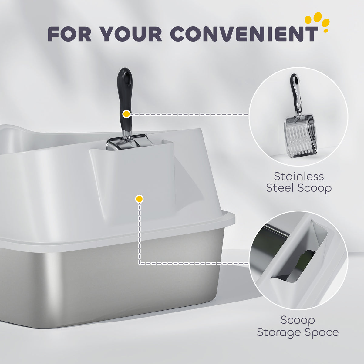 XL Stainless Steel Cat Litter Box with High Sides, Metal Scoop, 60 x 40 x 30 cm