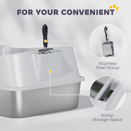 XL Stainless Steel Cat Litter Box with High Sides, Metal Scoop, 60 x 40 x 30 cm