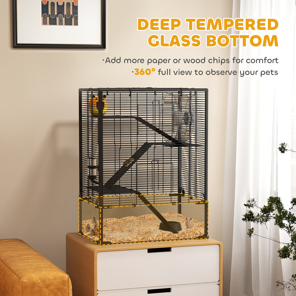 Four-Tier Hamster Cage with Deep Tempered Glass Bottom, Hut, Running Wheel, Food Dish, Water Bottle, 60 x 40 x 80cm