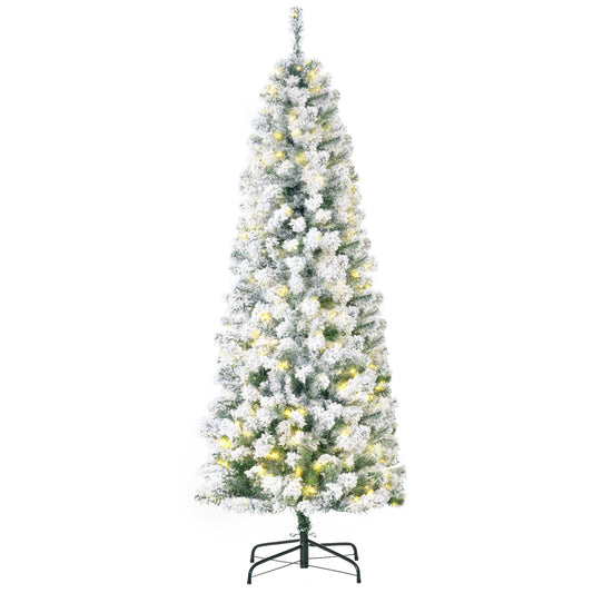 6FT Prelit Artificial Snow Flocked Christmas Tree with Warm White LED Light, Holiday Home Xmas Decoration, Green White