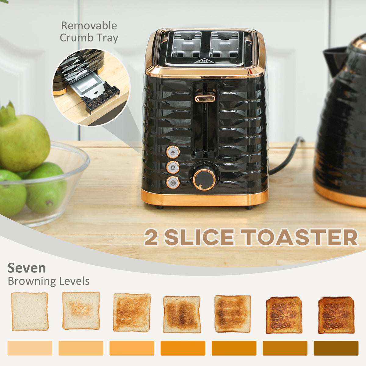 3000W 1.7L Rapid Boil Kettle & 2 Slice Toaster, Kettle and Toaster Set with 7 Browning Controls and Crumb Tray, Black