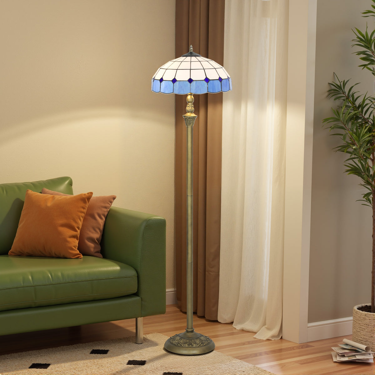 Tiffany-Style Floor Lamp with Handcrafted Stained Glass Shade, 152cm Tall Vintage Standing Lamp with Foot Switch and Dual Sockets for Living Room Bedroom