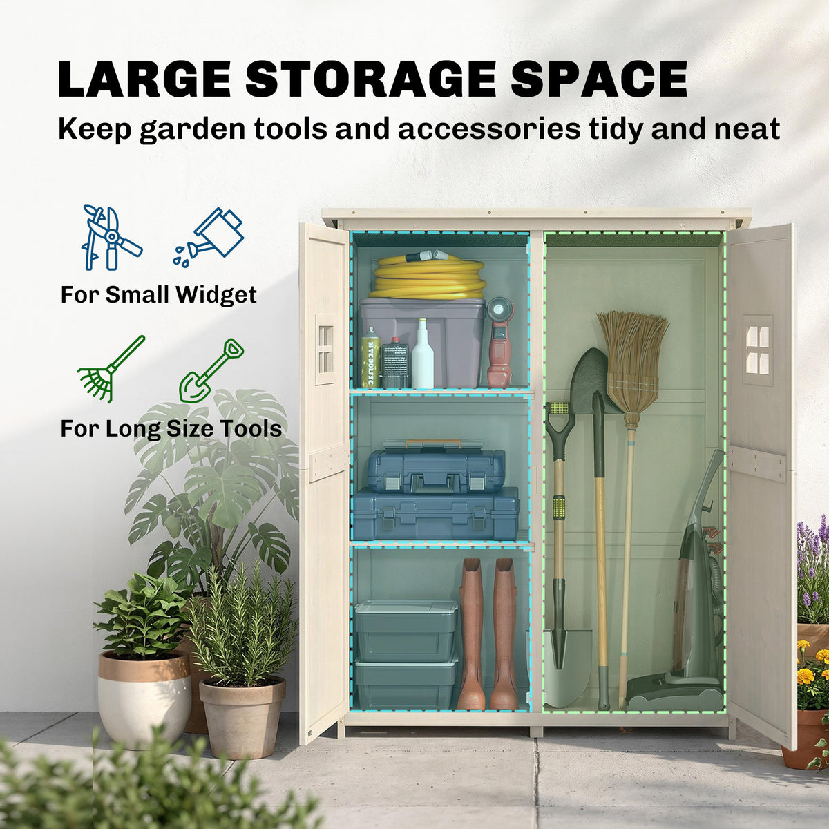Wooden Garden Shed with Two Windows, Tool Storage Cabinet, Outdoor Double Door Organizer 127.5L x 50W x 164H cm, Grey