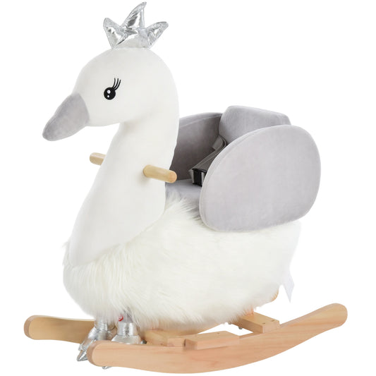 Kids Rocking Horse, Children Plush Ride On Swan Animal Rocker w/ Sound, Wood Base Seat, Seat Belt, Baby Toy Rocker for Toddler 18 - 36 Months, White and Grey