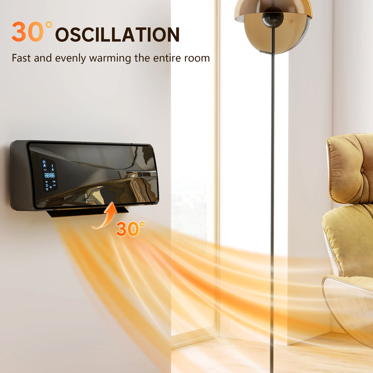 2000W Ceramic Electric Heater with Fan, Adjustable Thermostat, Wall Mounted