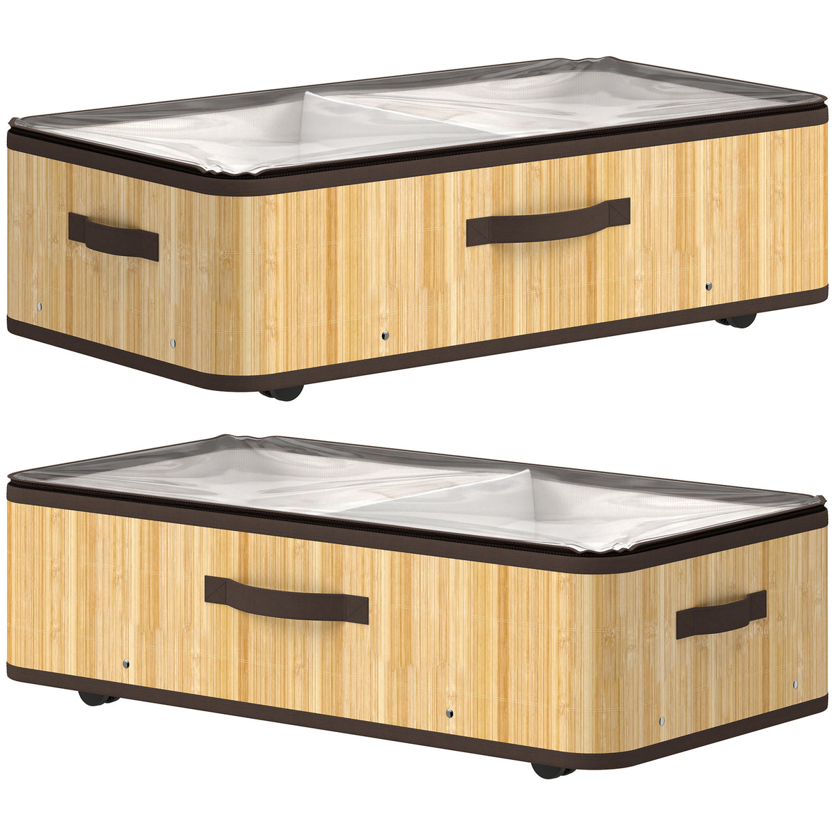 60L Under Bed Storage with Wheels Pack of 2, Underbed Storage Box with Clear Lid Cover and Reinforced Handle, Natural