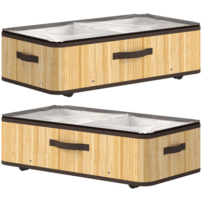 60L Under Bed Storage with Wheels Pack of 2, Underbed Storage Box with Clear Lid Cover and Reinforced Handle, Natural