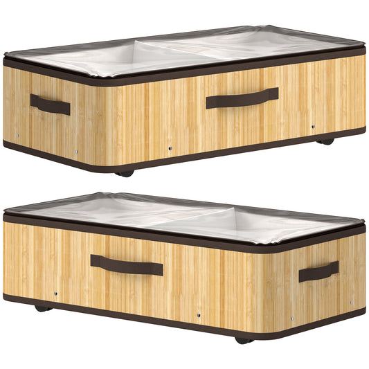 60L Under Bed Storage with Wheels Pack of 2, Underbed Storage Box with Clear Lid Cover and Reinforced Handle, Natural