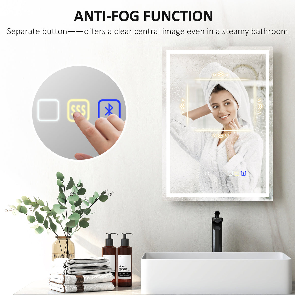 50 x 70 cm Anti-Fog LED Bathroom Mirror, with Bluetooth and Clock - Silver Tone