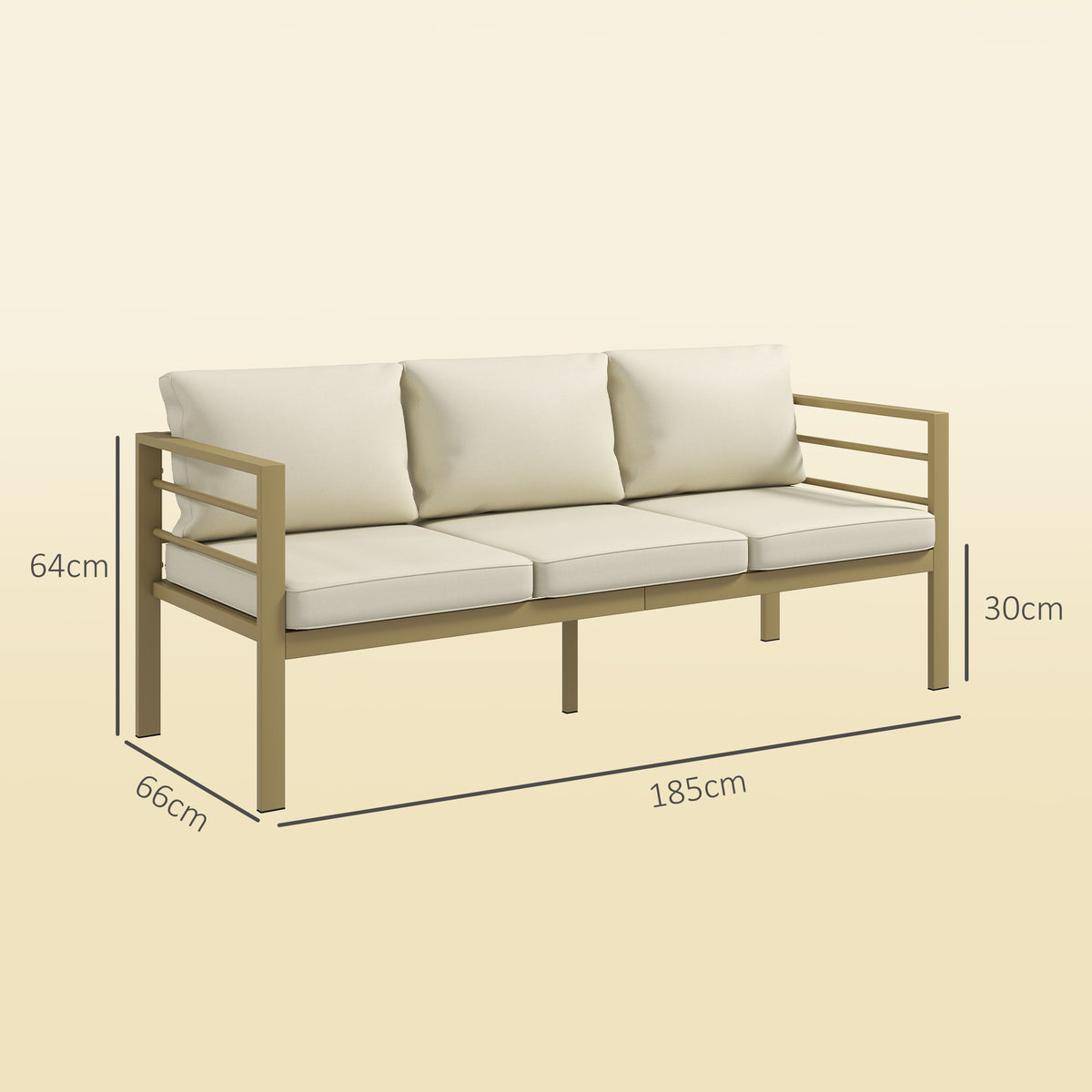 Garden Bench with Cushions, 3-Seater Sofa with Backrest, Armrest and Back Cushions, 185 x 66 x 64cm, Cream White